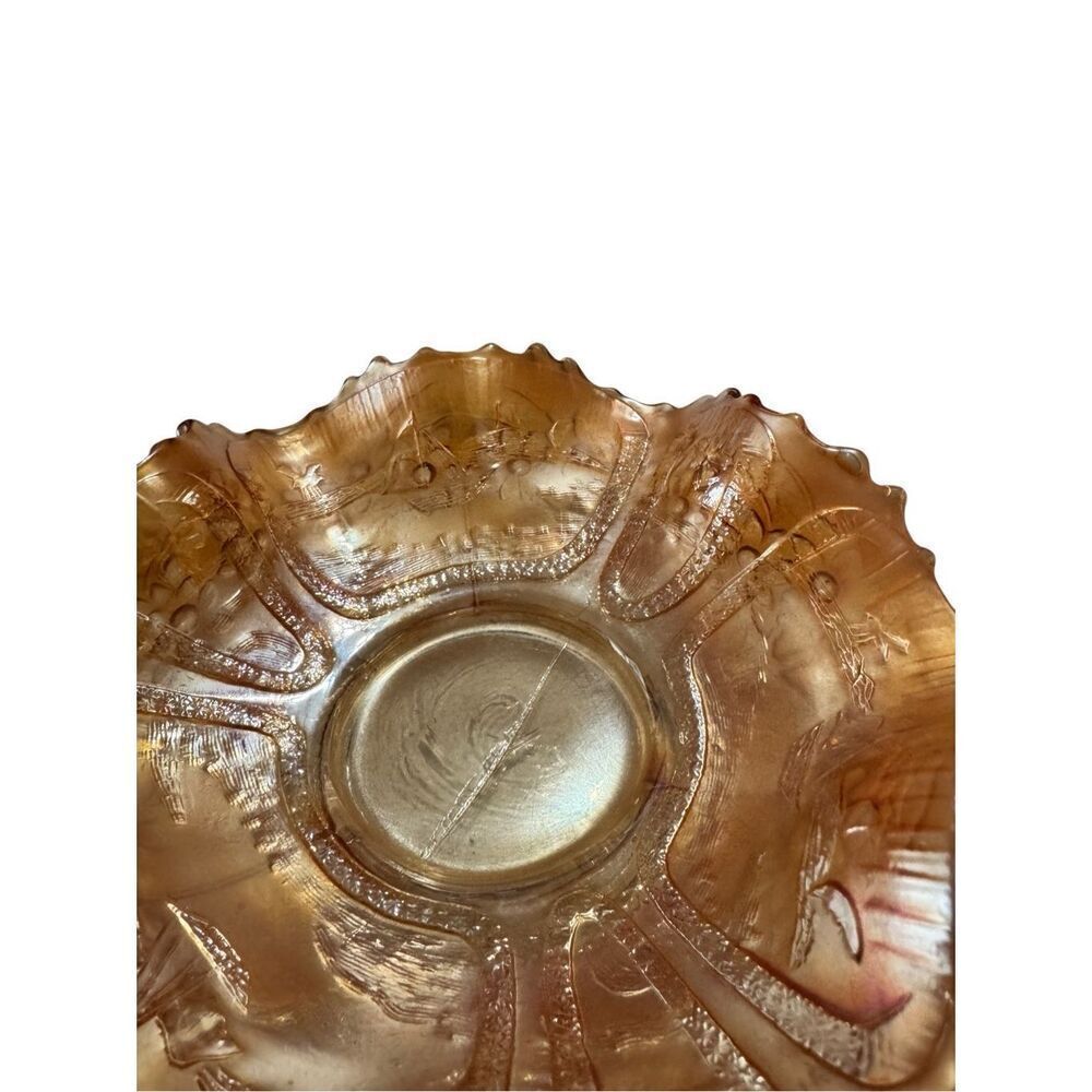 FENTON Sailboat Windmill & Orange Tree Carnival Glass Ruffled Rim Bowl 6.25"W - Picture 10 of 11